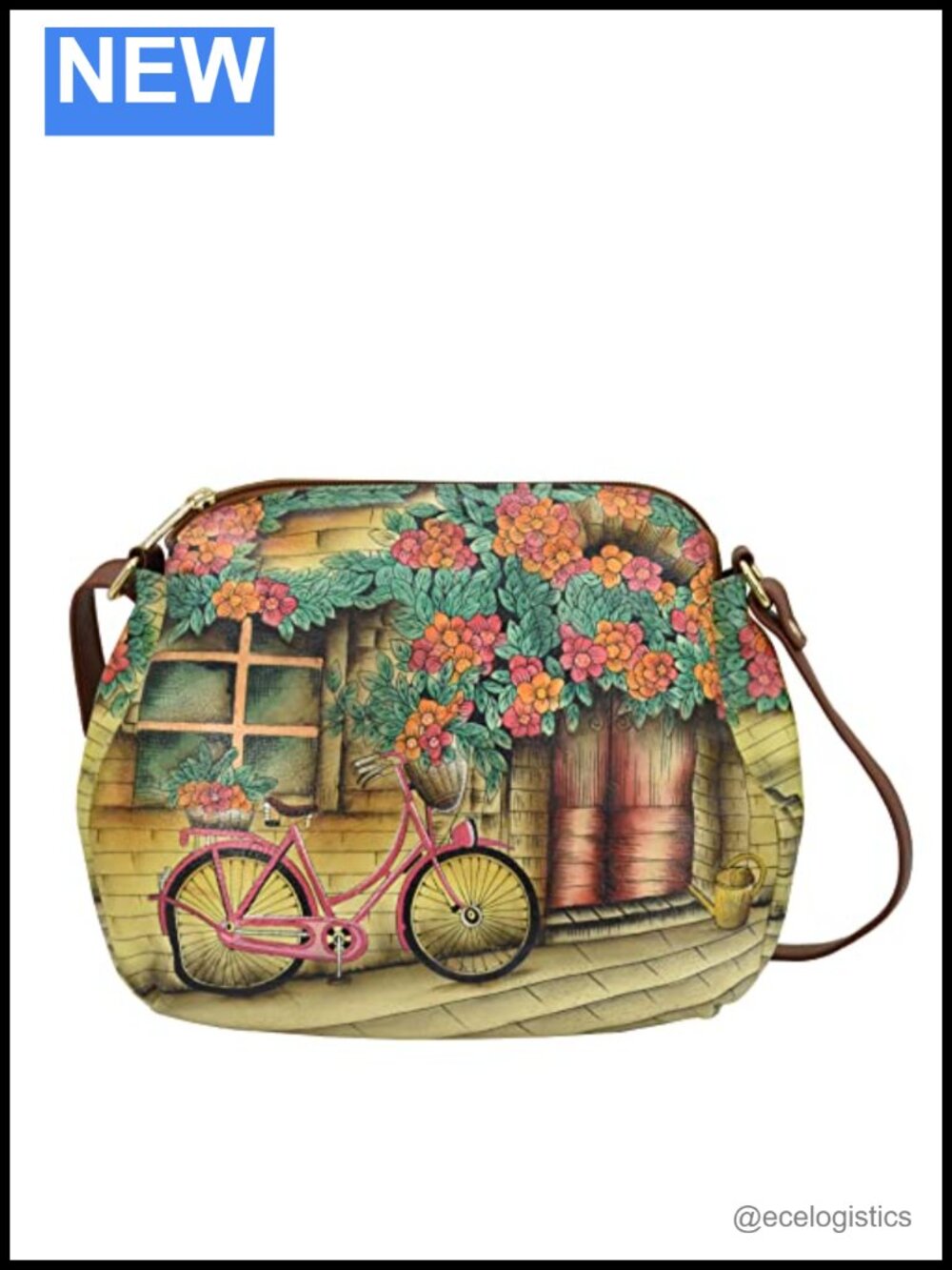 Hand-Painted Genuine Leather Shoulder Bag with Adjustable Strap